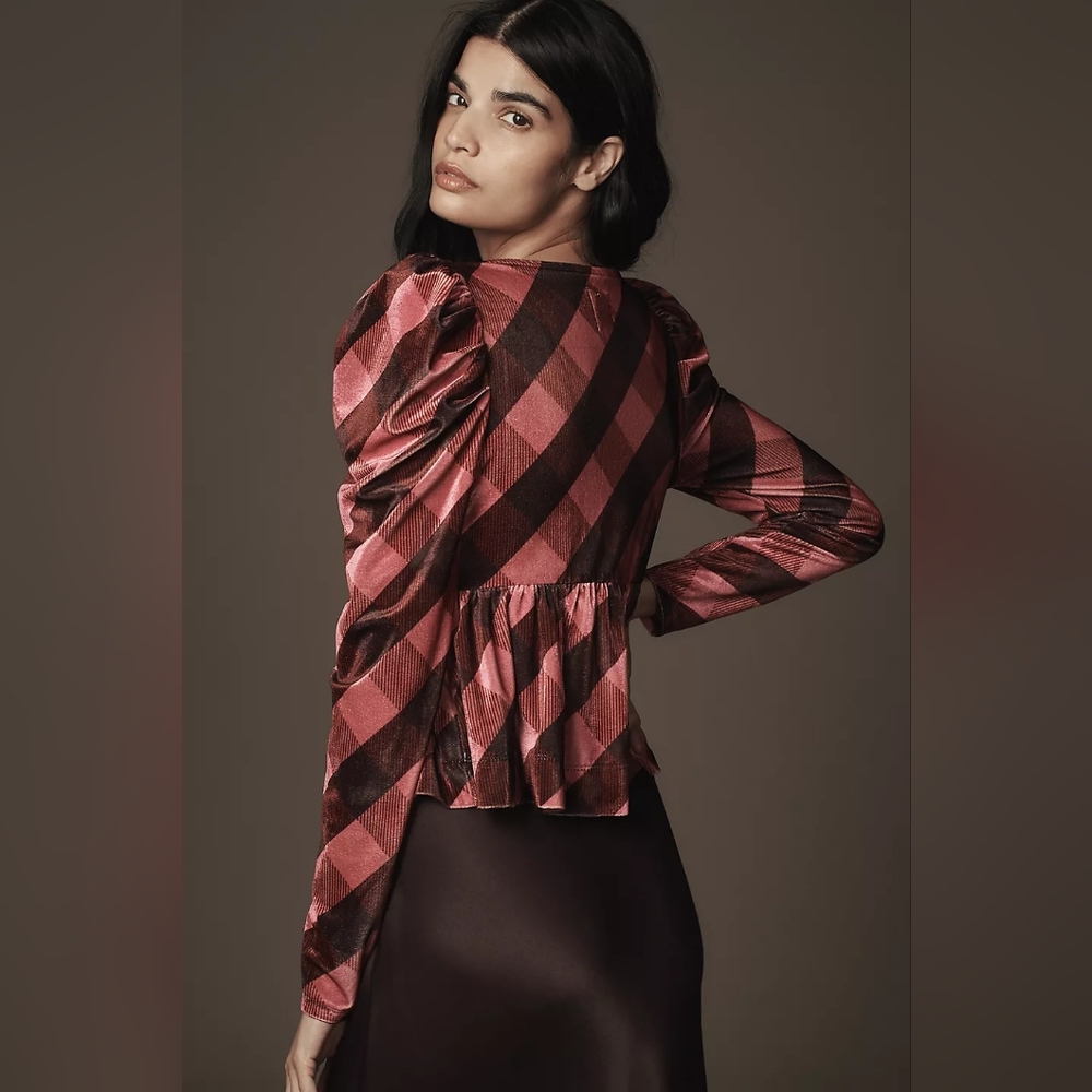Anthropologie Maeve Plaid Velvet Puff Sleeve Babydoll Top Pink Medium - Picture 2 of 6
